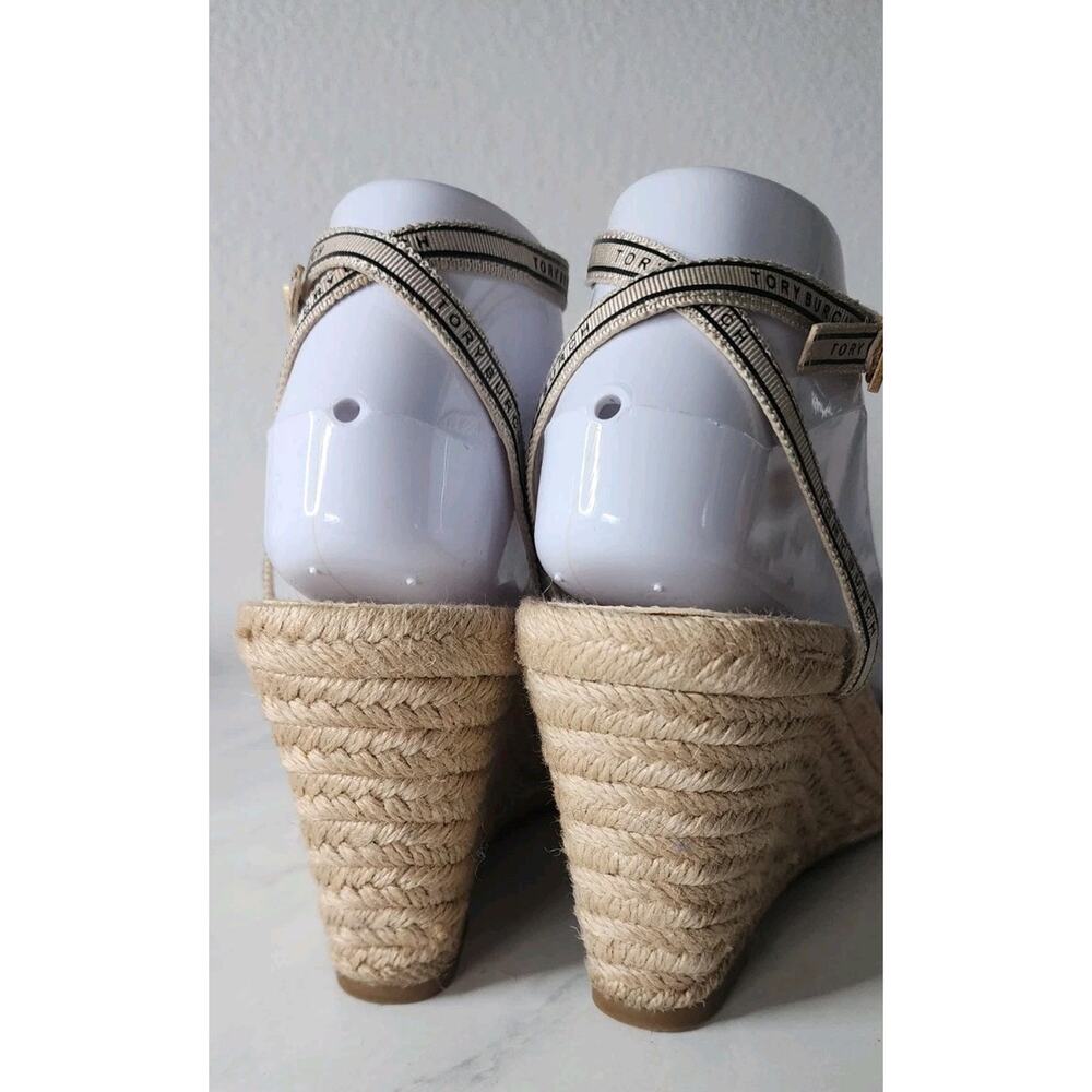 Tory Burch Beige Logo Strappy Ribbon Wedge Espadrille Sandals Heels Sz 7.5/8 - Picture 9 of 10